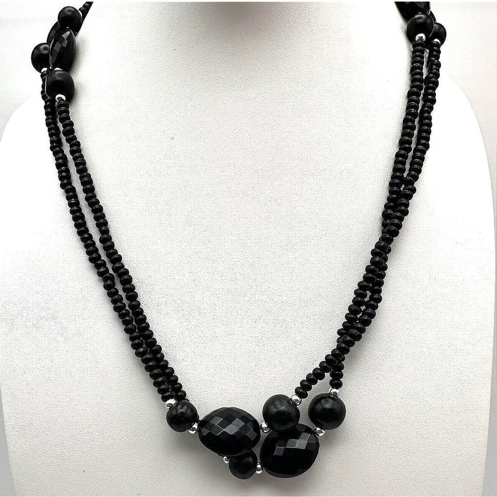 Vintage 90s Black Beaded Double Strand Necklace Set Chunky Boho Women's Jewelry